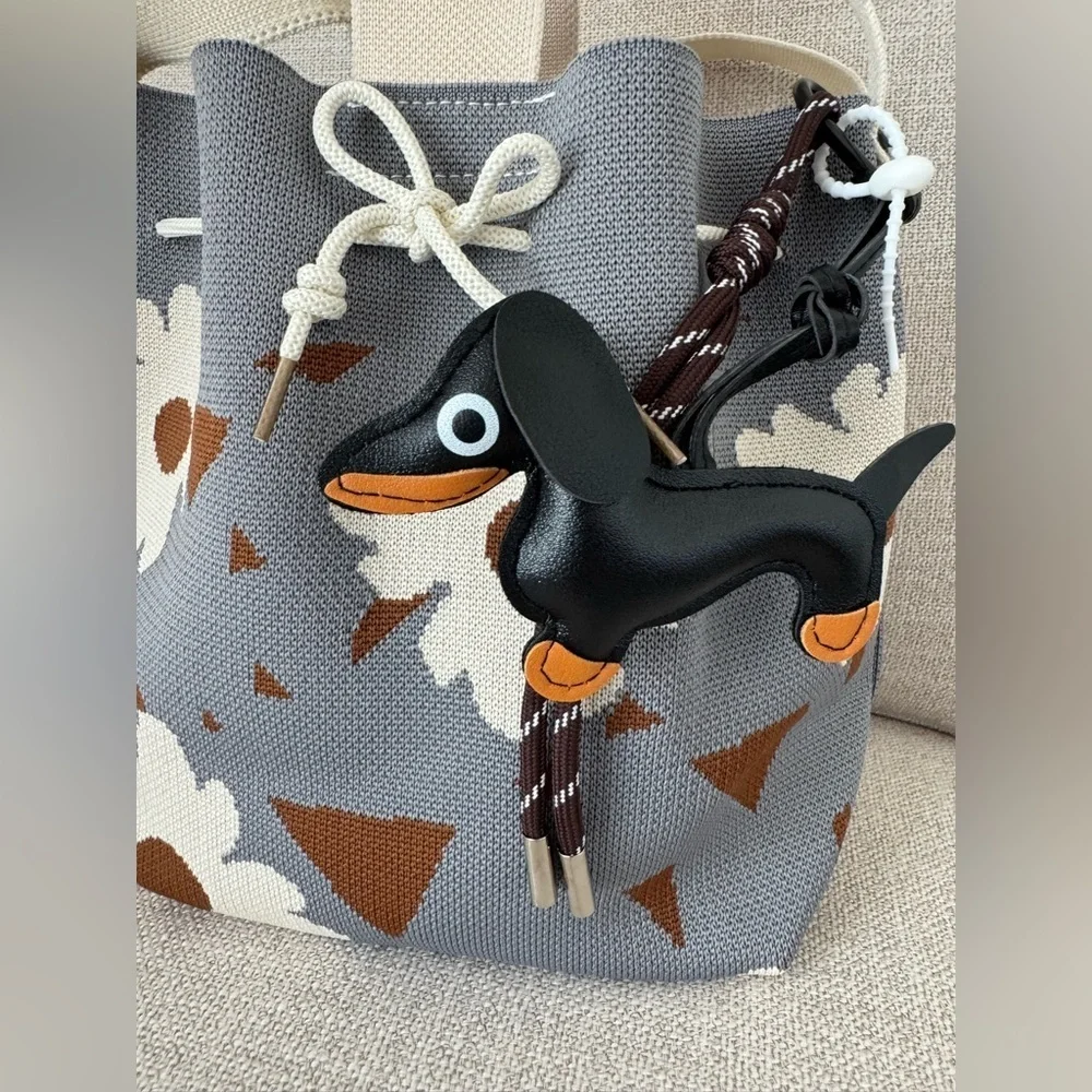 New Blue, Mocha & Flowers Woven Bucket Bag Handbag Purse w/ Dachshund Charm